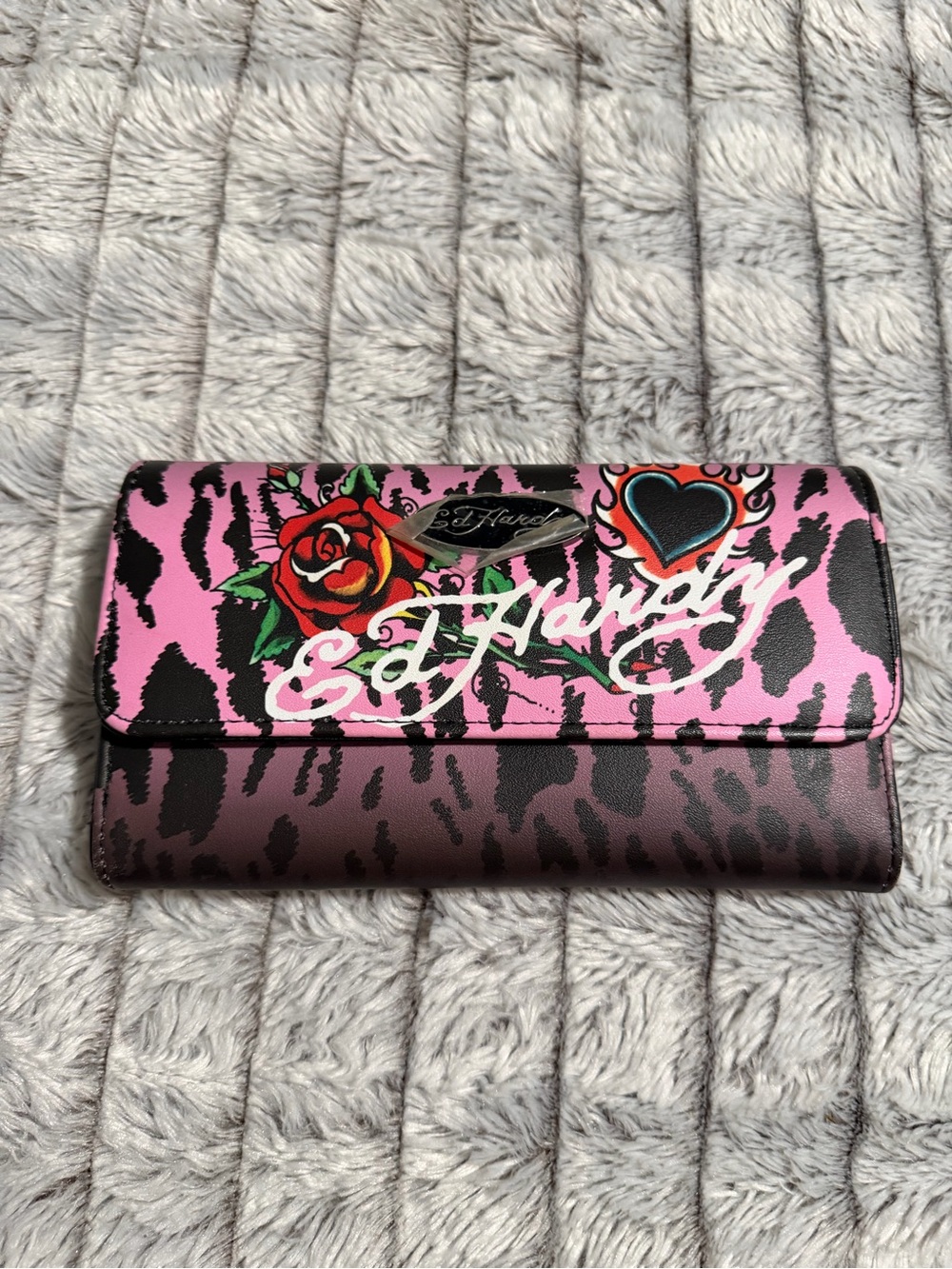 Ed Hardy Pink and Black Leopard Print Flap Wallet with Rose and Heart Motif